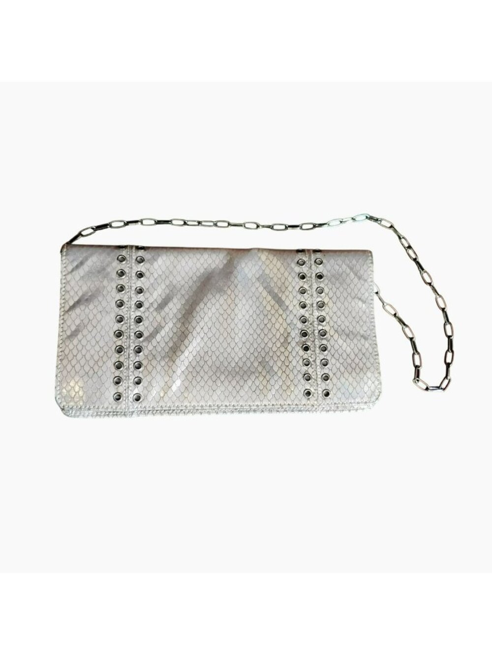 Inge Christopher Brody Iridescent Silver Snakeskin Studded Foldover Clutch
